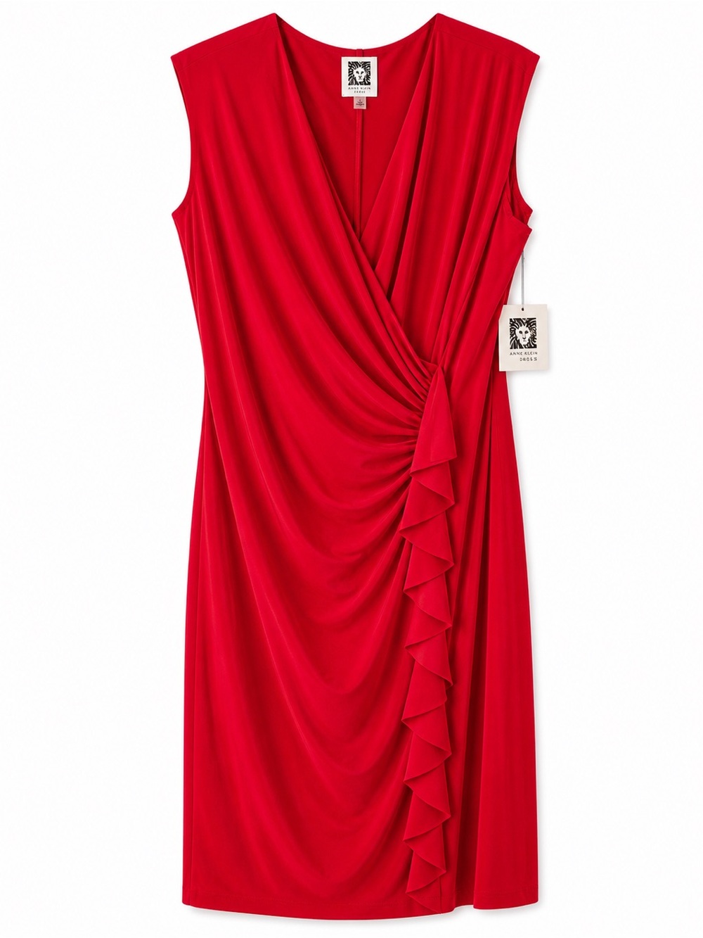 Anne Klein Red Sleeveless Wrap-Style Midi Dress with Side Ruffle